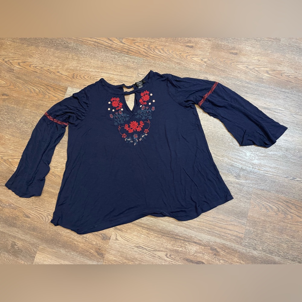Blue Relaxed Graphic Long Sleeve Blouse